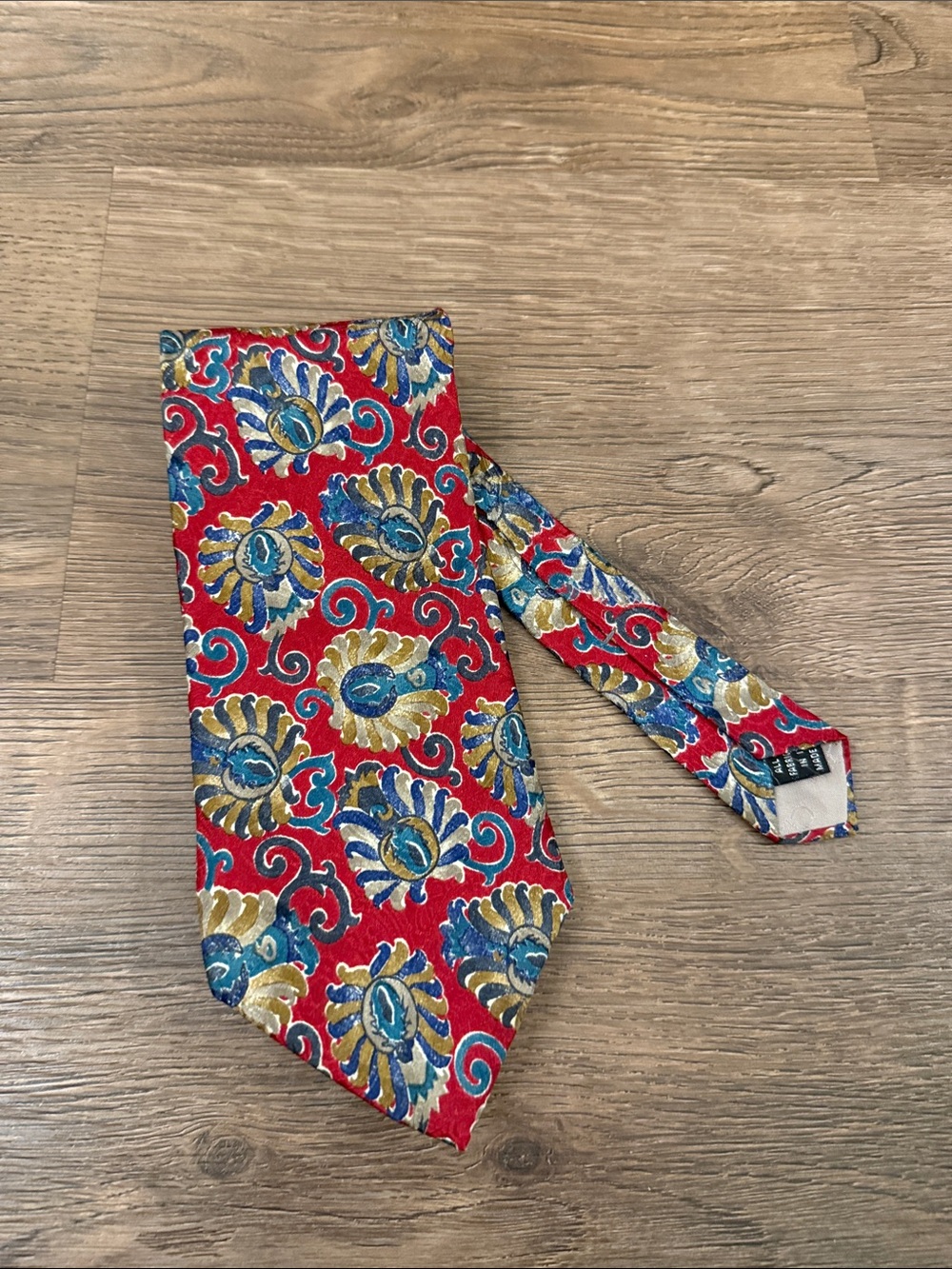 Christian Dior Monseur Silk Red Necktie with Blue and Gold Floral Motif